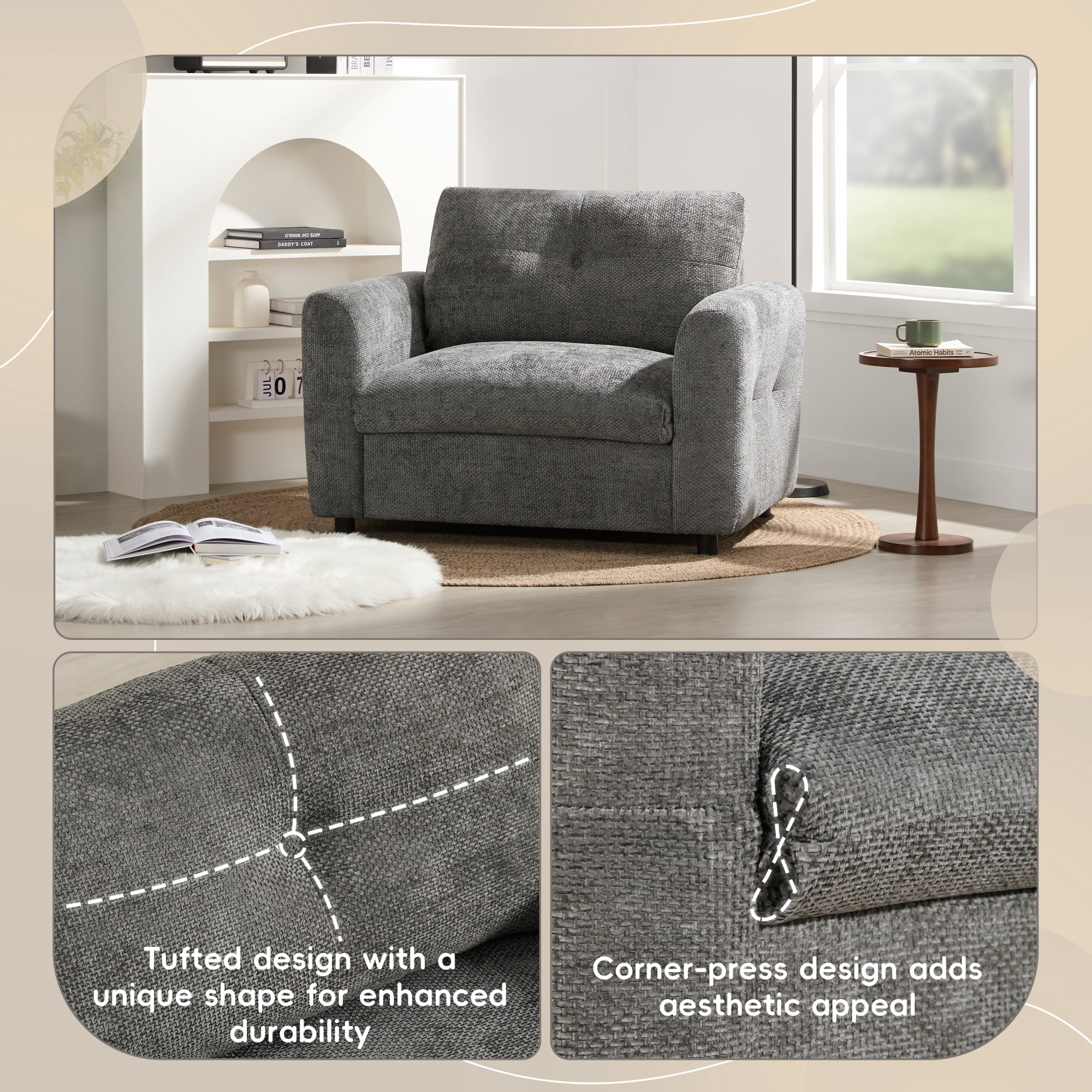 Oversized Single Sofa, Upholstered Accent Chair with Dual-port Charger, Modern Armchair with Wide Seat for Living Room & Apartment, Gray