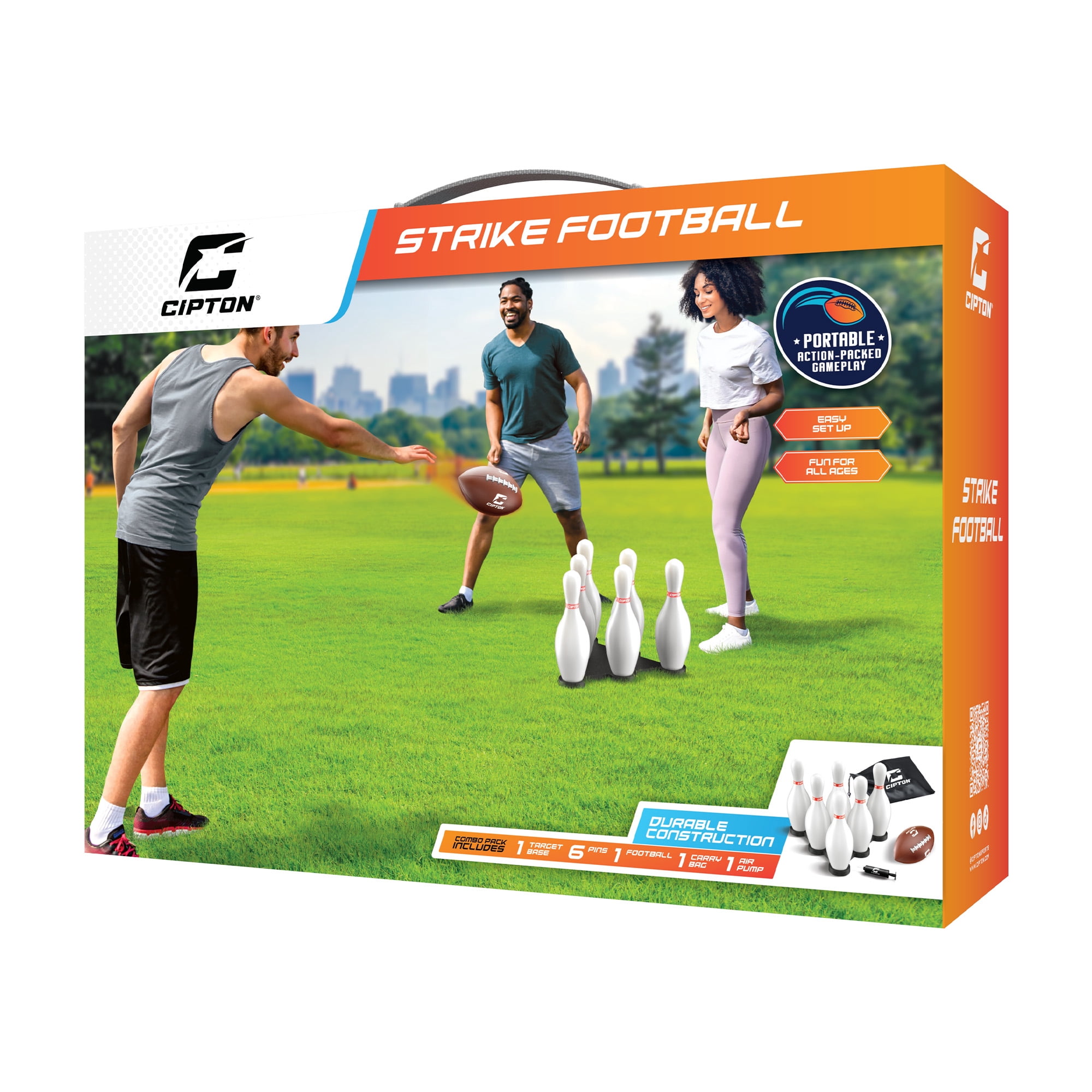 Cipton Strike Football Lawn Game Set – Includes 12 Pins, 2 Target Bases, Football, Air Pump & Carry Bag – Outdoor Bowling Football Game for Backyard, Park, or Beach