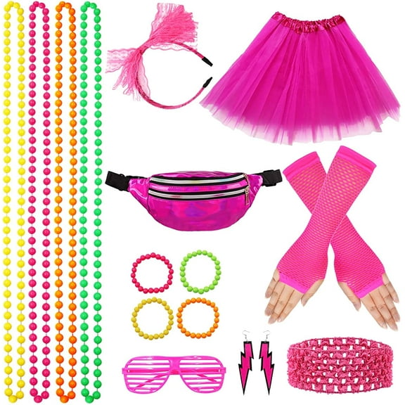 80s Costume Accessories for Women, 17Pcs 80s Retro Party Dress with Net Yarn Skirt, Fanny Pack, Fingerless Fishnet Gloves, Necklace, Bracelet, Earring, Party Accessories For Women