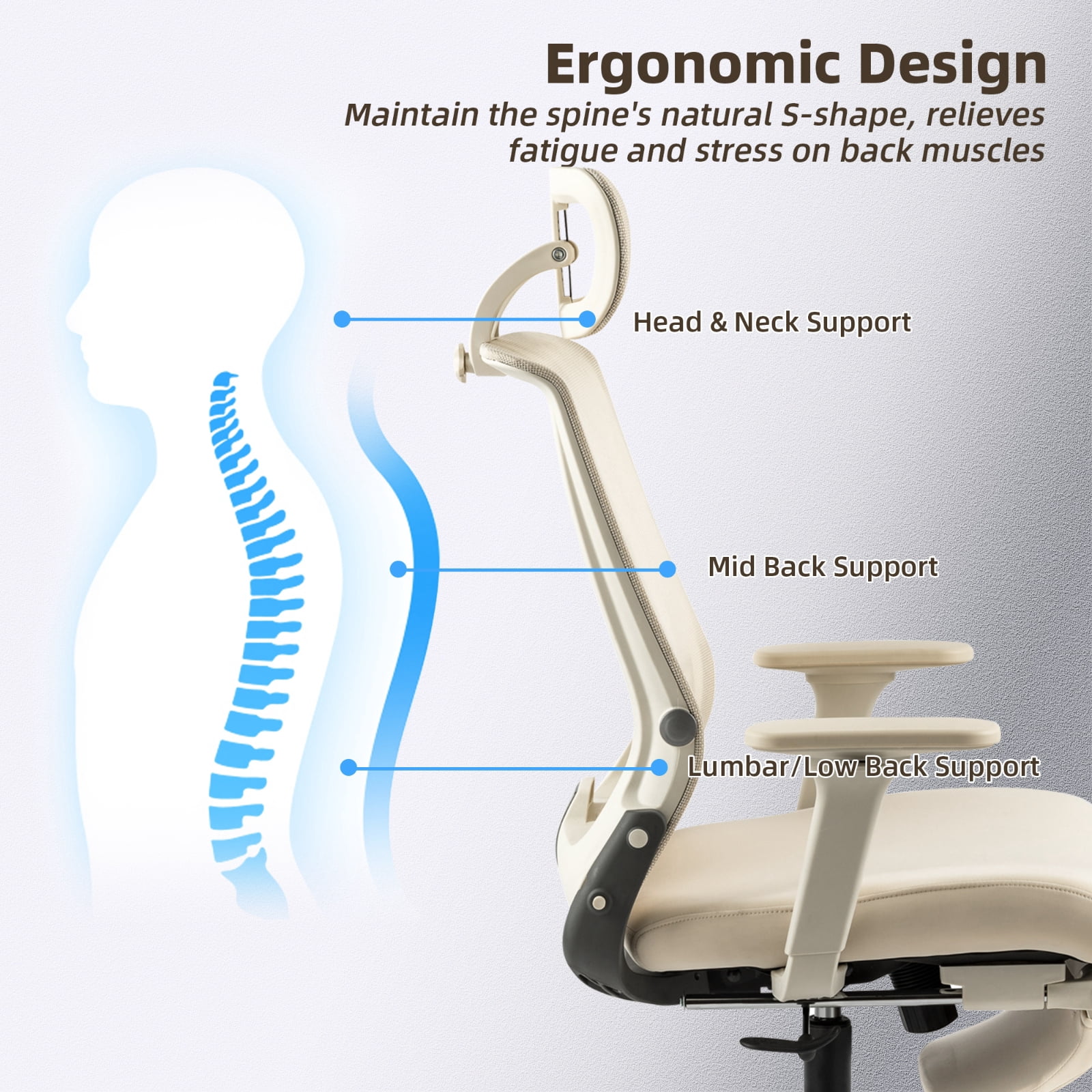 Hforesty Cream Foldable Office Chair with Footrest – Ergonomic Mesh Computer Chair, Lumbar Support, Swivel Tilt, 300lbs