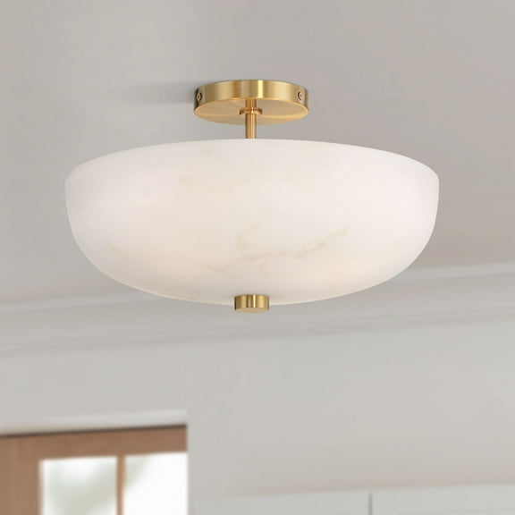 Regency Hill Brock 16" Modern Semi Flush-Mount Ceiling Light Fixture Kitchen Foyer Round Warm Gold Finish Faux Alabaster Glass