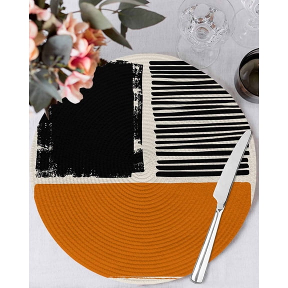 15 Inch Round Placemats Set of 4, Orange Black Non Slip Heat Insulation PP Table Mats, Farmhouse Striped Modern Abstract Art Washable Place Mats for Kitchen Dining Party Table Decor