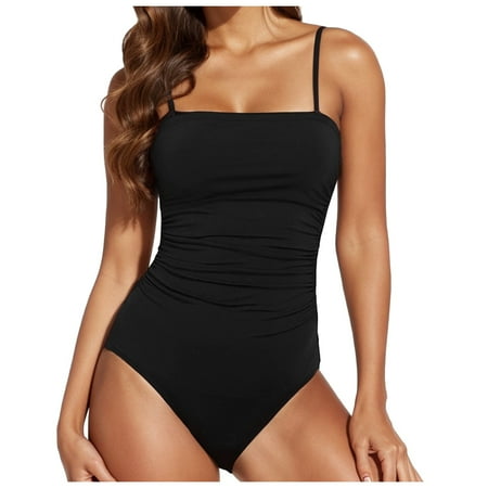 QYZEU Swimsuits for Women One Piece Solid Color Pleated Swimsuits Thin Strap Bathing Suits High Waist Bikini Bottom Breathable Comfortable Lightweight Swimwear Black XL