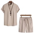 thumbnail image 2 of Lovskoo Men's 2 Piece Summer Outfits Stand Collar Trendy Shirt Casual Short Sleeve and Drawstring Shorts Set Beige L, 2 of 4