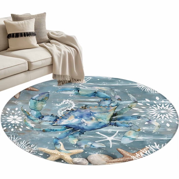 Blue Crab Coastal Round Area Rug 4 FT, Non Slip Indoor Outdoor Rug, Summer Beach Nautical Starfish Coral Washable Soft Circular Carpet Non-Shedding Floor Mat for Coffee Table Nursery Foyer Balcony
