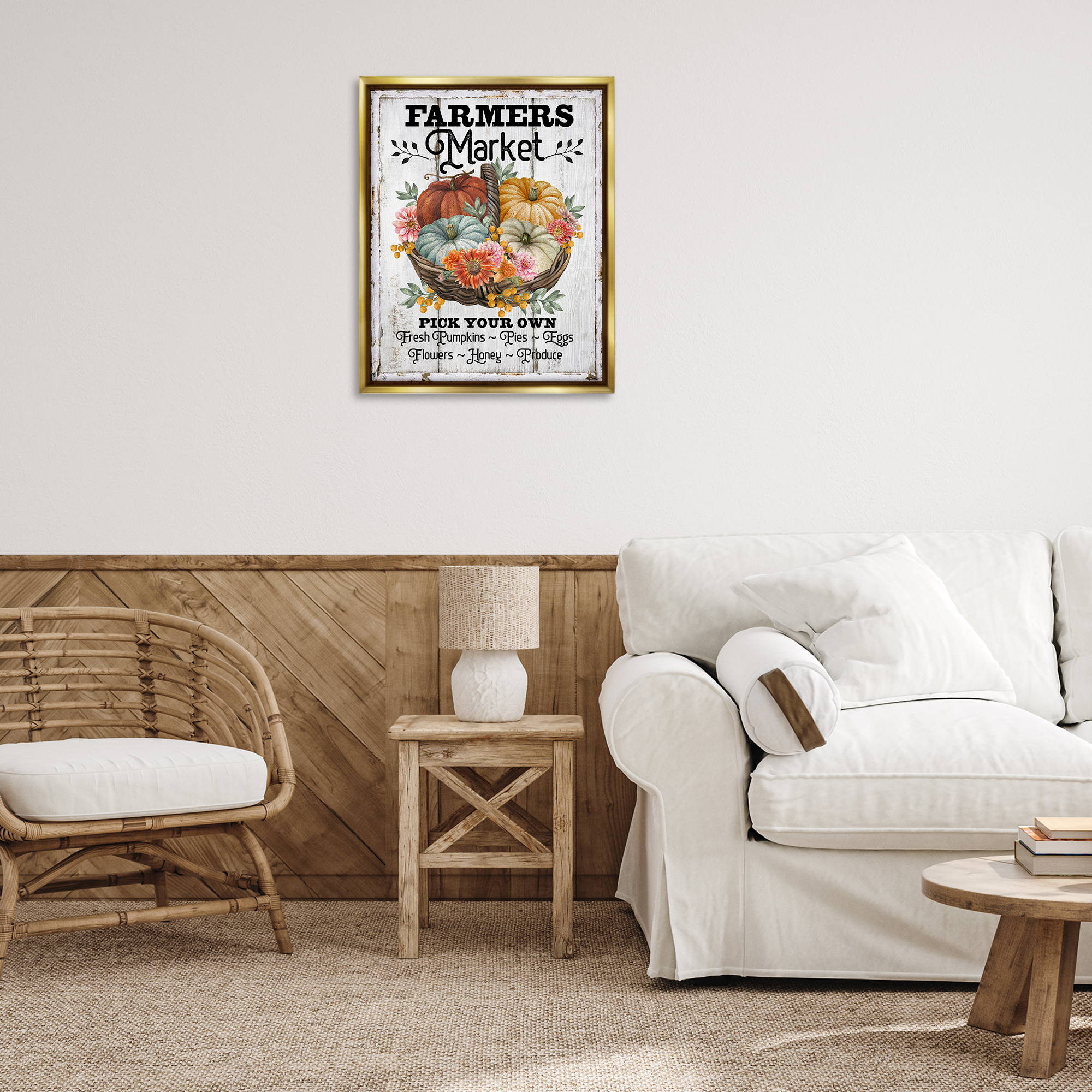 Stupell Industries Farmers Market Pumpkin Basket Holiday Painting Gold Floater Framed Canvas Art Prints Wall Art, 25 x 31