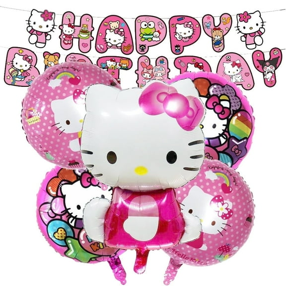 7 PCS Kitty Cat Balloons Foil Birthday Party Balloons with Happy Birthday Banner