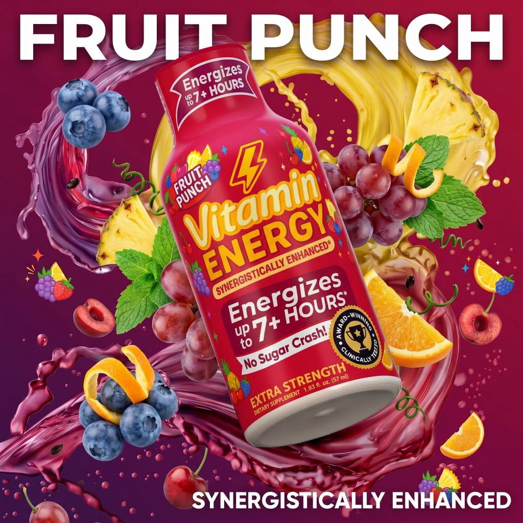 Vitamin Energy Focus+ Extra Strength Shot, Fruit Punch, 12 Pack – 260mg Natural Caffeine, CoQ10 & B-Vitamins, Zero Sugar, 1.93 fl oz