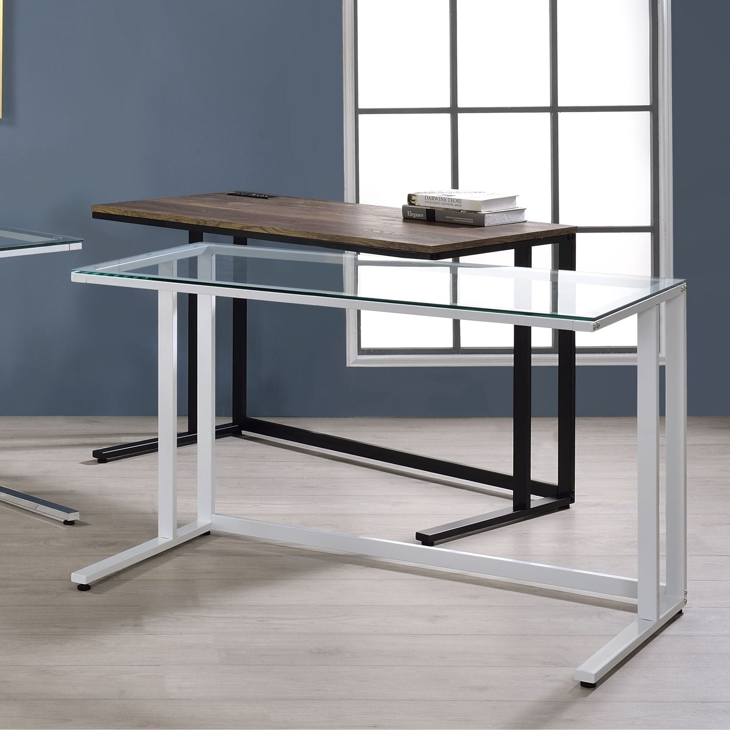 Writing Desk with USB Port and Plug, Rectangular Computer Desk with Keyboard Tray and Shelves, 47 in Work Surface for Home Office Study