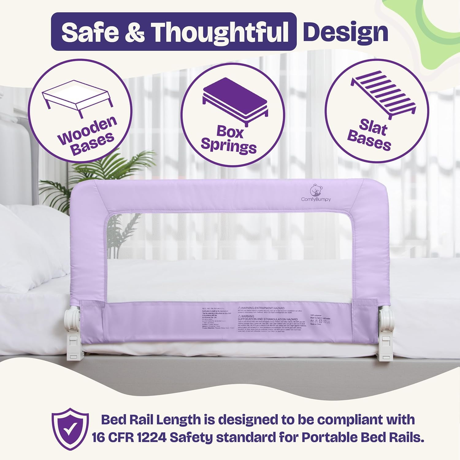 ComfyBumpy Toddler Bed Rail Guard, 35.5" x 19.5" Regular Swing Down Rail for Kids Beds, Purple, 1 pack