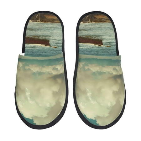 

Adobk Serene Coastal Blue Sky Print Slippers Indoor Outdoor Retro Slippers House Soft Fluffy Slides Cushion Furry Slippers-Medium