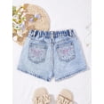 thumbnail image 6 of Girls' Denim Shorts Collection – Bow Embroidered / Distressed Ripped / Allover Bow Print High Waisted Denim Shorts for Kids Summer Casual Wear, 6 of 8