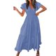 thumbnail image 1 of Vestido midi con cuello en V y volantes y manga corta para mujer - Spandex, S-XL, estilo swing, diario/vacaciones/trabajo, 1 of 6