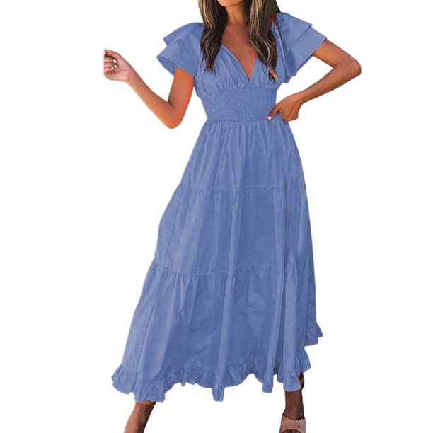 Vestido midi con cuello en V y volantes y manga corta para mujer - Spandex, S-XL, estilo swing, diario/vacaciones/trabajo