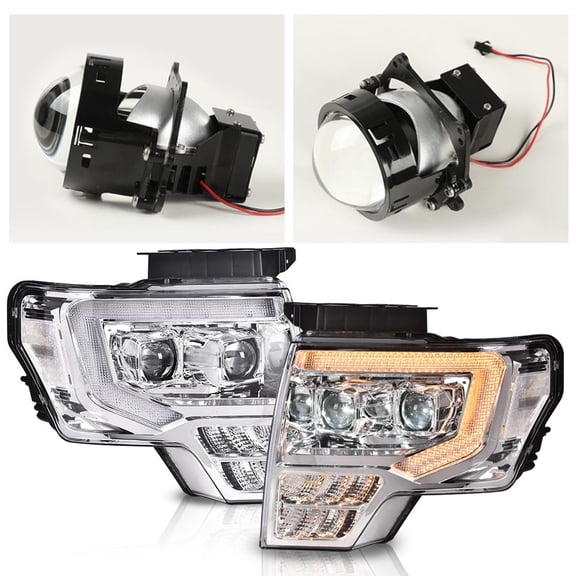 LED Tube Dual Projector Headlights Assembly Fit for 2009-2014 Ford F150(Only Fit LED Style) Bumper Headlamps Clear Lens Chrome Housing Clear Reflector faros delanteros