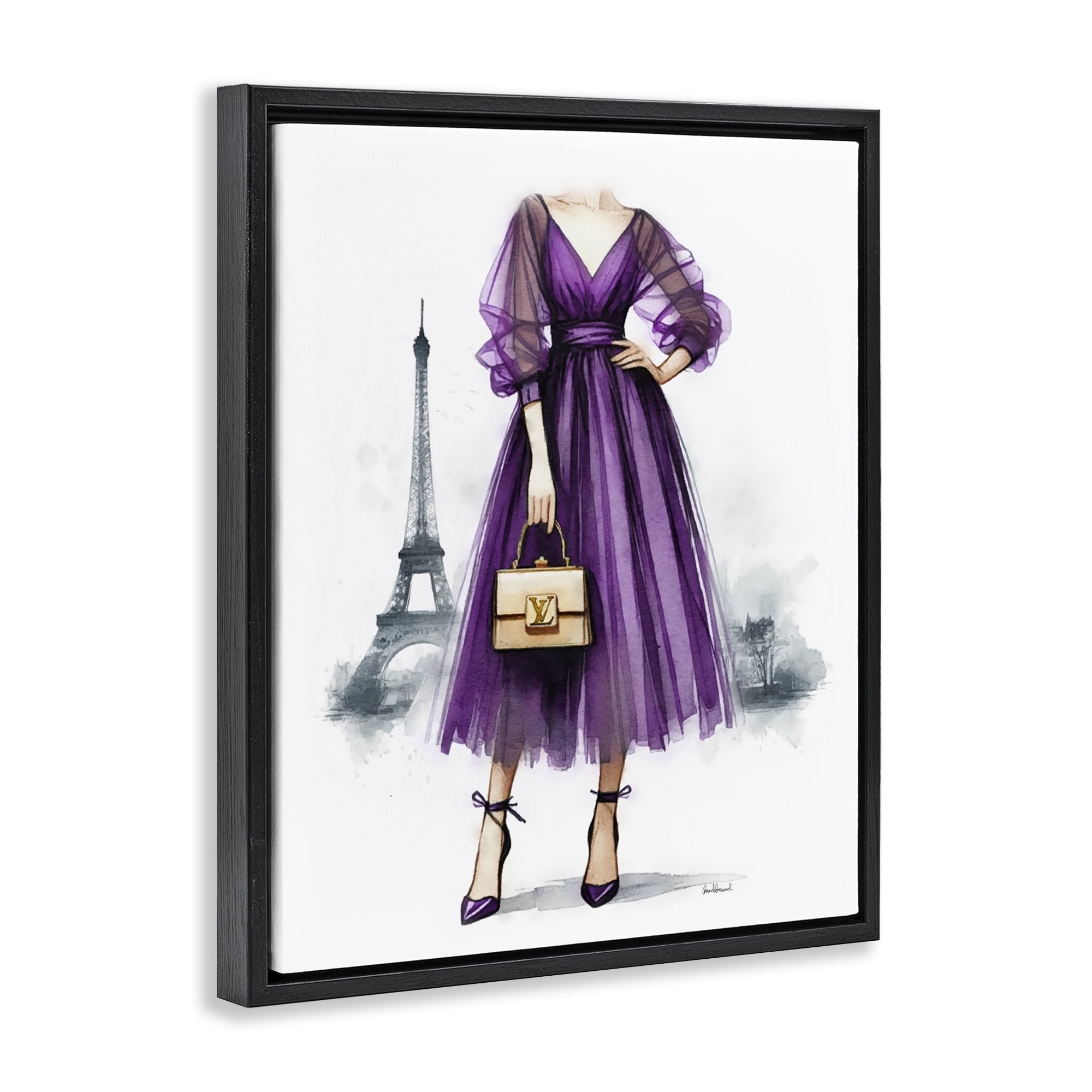Stupell Industries Parisian Purple Dress Fashion Painting Black Floater Framed Canvas Art Print Wall Art, 17 x 21