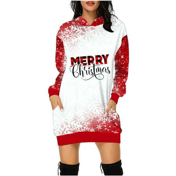 Lilgiuy Christmas Long Hoodie Sweatshirt Dress for Women Xmas Tree Trendy Pockets Novelty Pullover Hooded Sweatshirt Dress Outwear