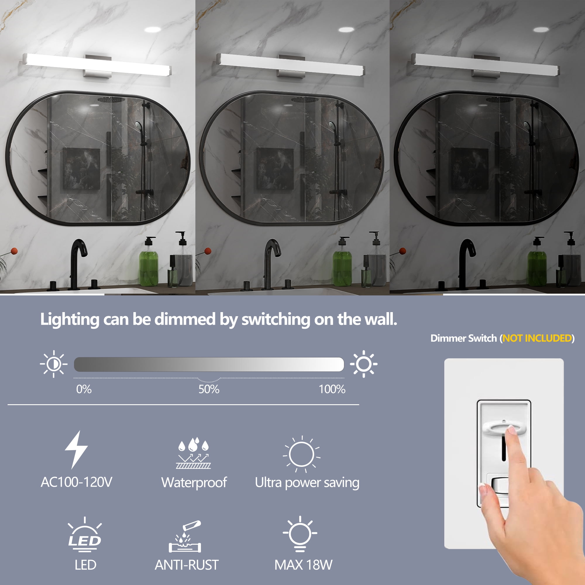 TICOZE 33 Inch Brushed Nickel Modern LED Vanity Light Bar, 18W 6000K Cool White, Energy-Saving Bathroom Mirror Lighting Fixture