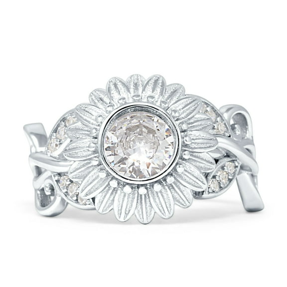 Sunflower Twisted Vine Leaf Ring Cubic Zirconia White Tone 925 Sterling Silver, Size 5