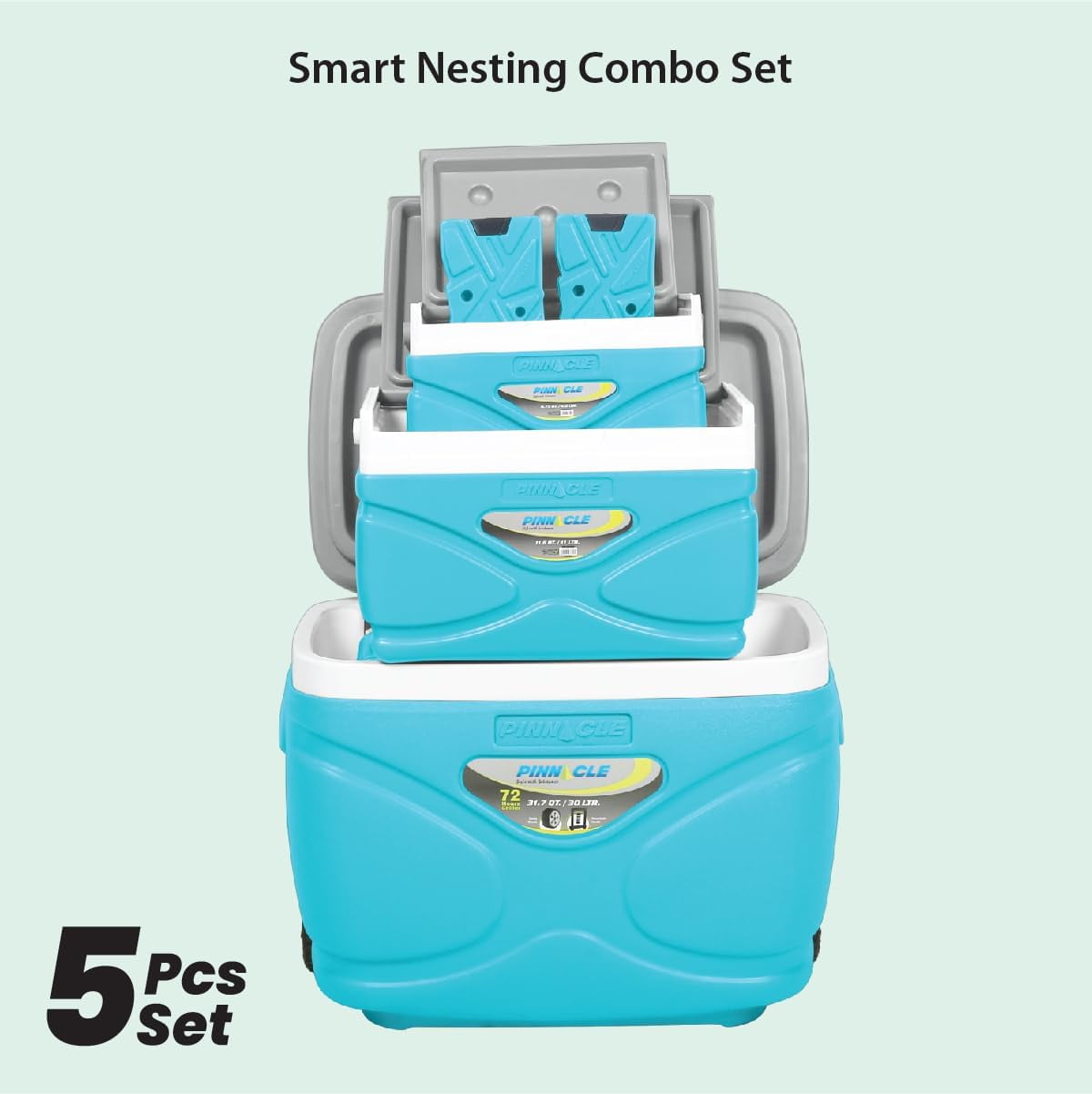 Pinnacle 30L Cooler with Wheels Set, 3 Coolers with Ice Bricks, Cup Holder Lid, Blue