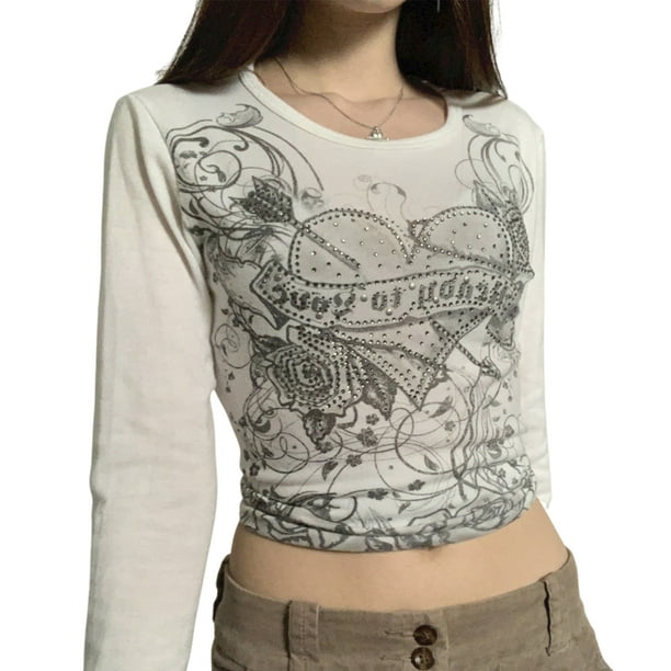ITFABS Women Vintage Crop Tops, Adults Rhinestone Love Pattern Long Sleeve  Round Neck T-shirt 
