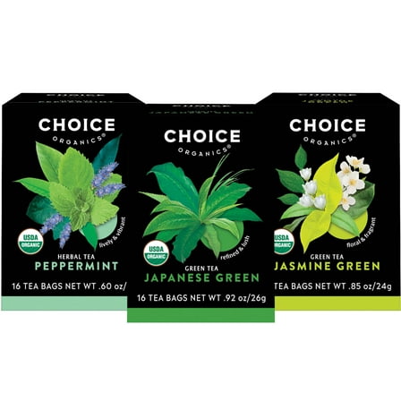 Choice Organics Green & Herbal Tea Variety Pack, Assorted Tea Bags, 3 Boxes of 16