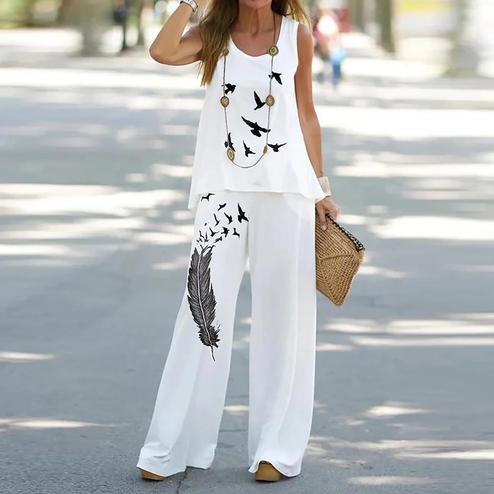Womens Pants Jumpsuit Dressy Women 2 Piece Outfits Boho Casual Feather Printed Vest Sleeveless Top Loose Wide Leg Pants Adult Female Clothes White