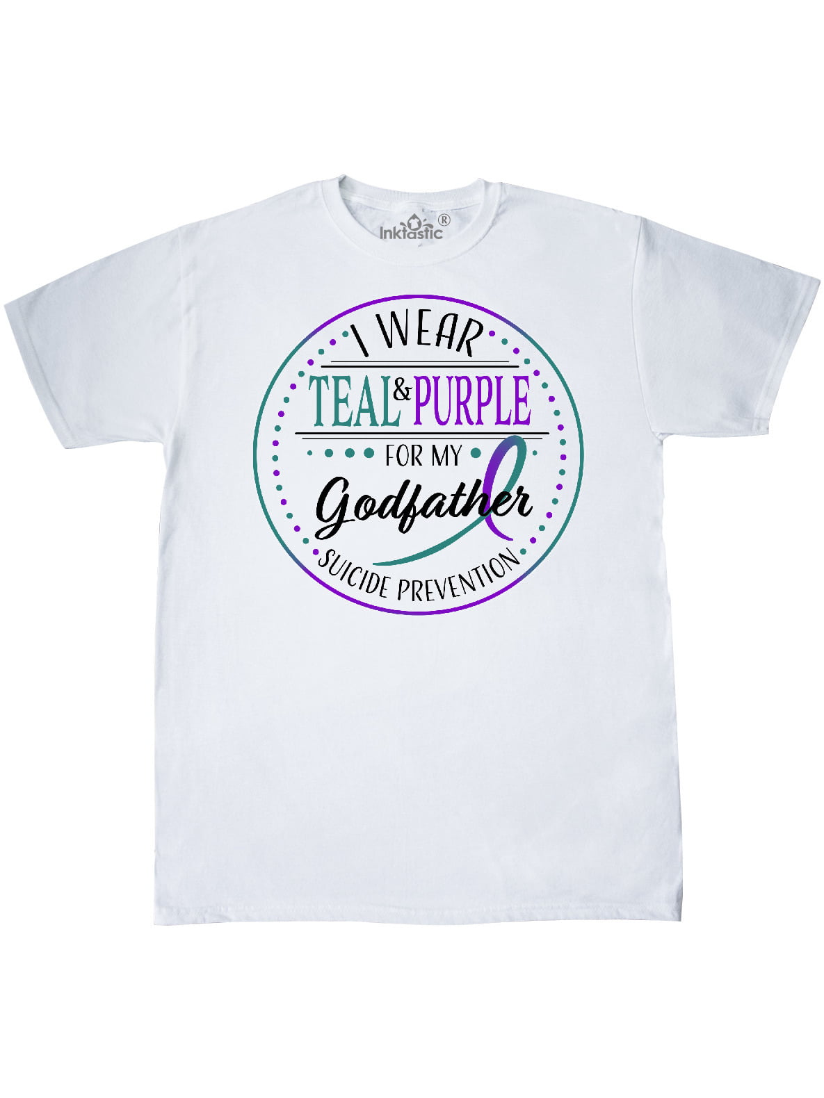 teal shirt with purple writing