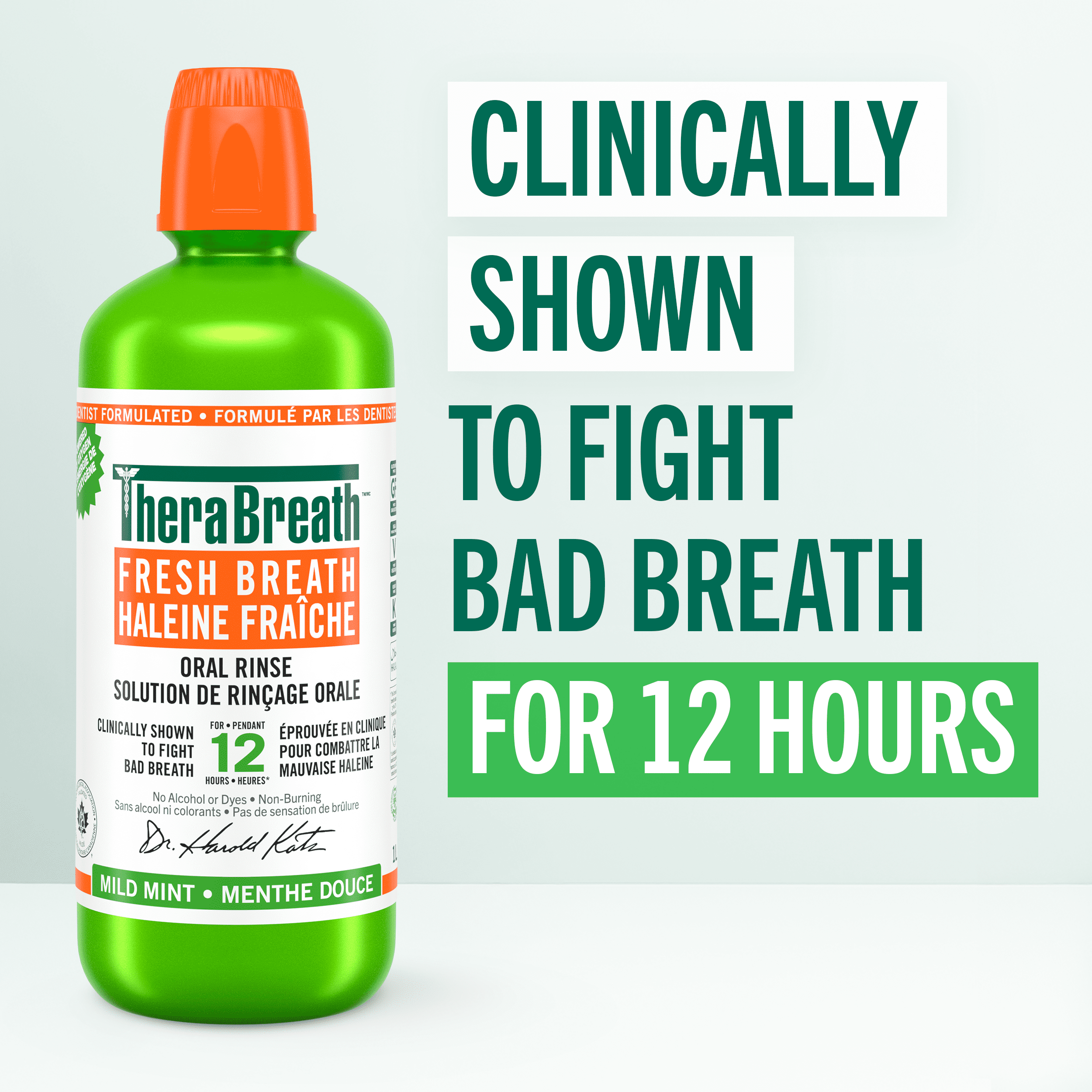 Rince-bouche TheraBreath Haleine fraîche, Menthe Douche, sans alcool, aille de valeur de 1 L. Menthe Douche, 1 L.