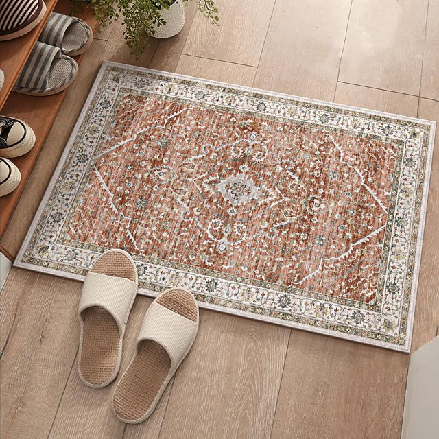 Boho Vintage Round Rug ft- Faux Wool Dreely Washable Area Rug Small Distressed Throw Rugs Floor Carpet for Door Mat Entryway Bedrooms Laundry (Round - ; Diameter Border )