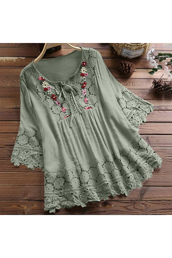 Women's Floral Embroidered Lace Cutout Three Quarter Sleeve Tunic Blouse Front Tie Neck Ruffled Flared Hem Loose Fit Casual Boho Top