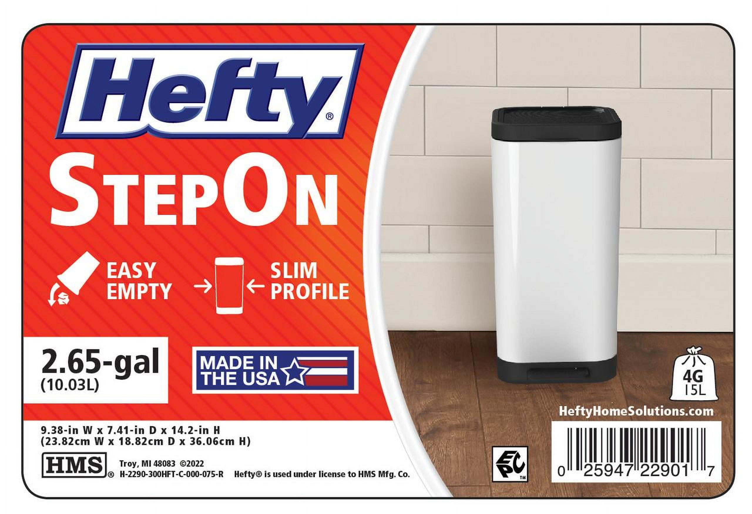 (2 pack) Hefty Bathroom Trash Can, 2.6 Gallon Small Plastic Step Garbage Bucket Bin with Foot Pedal Lid, White