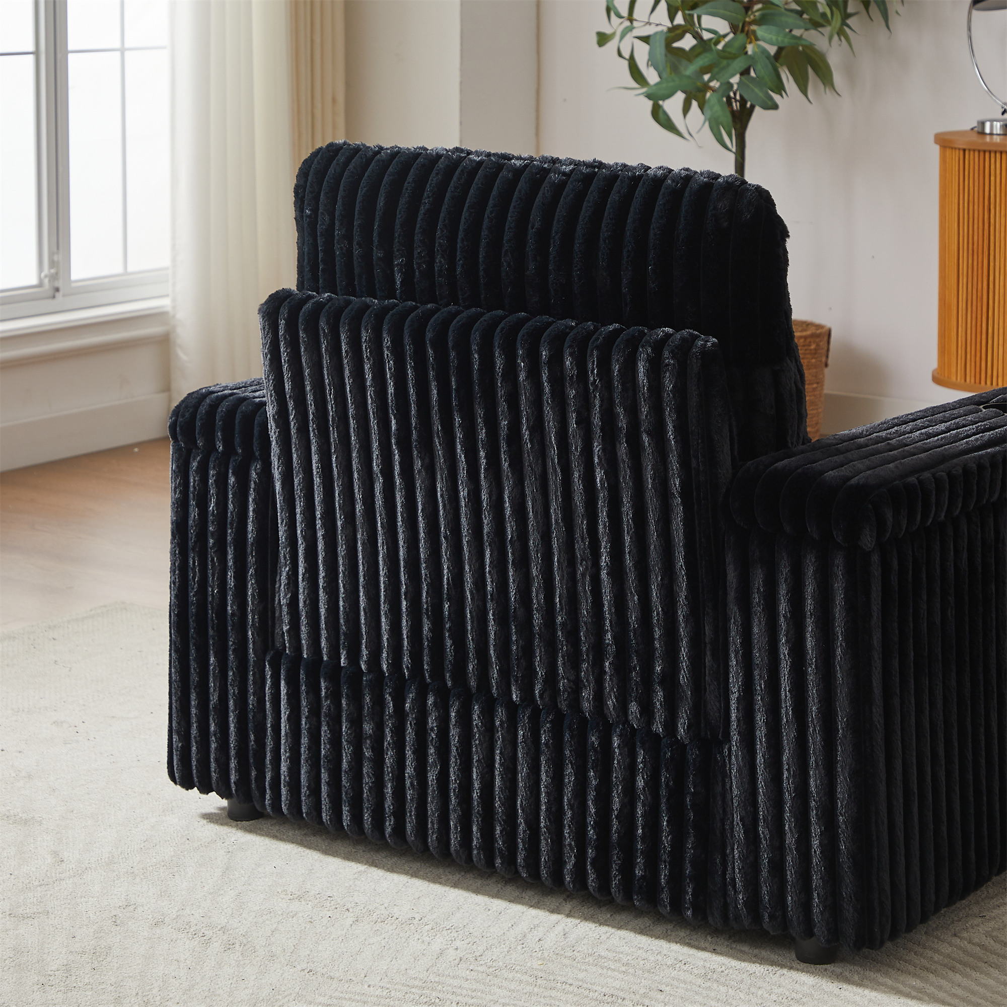 Aukfa 43" Corduroy Chaise Lounge w/ 2 Cupholders, Storage Bench & Arm, Plush Chair Bed, Black