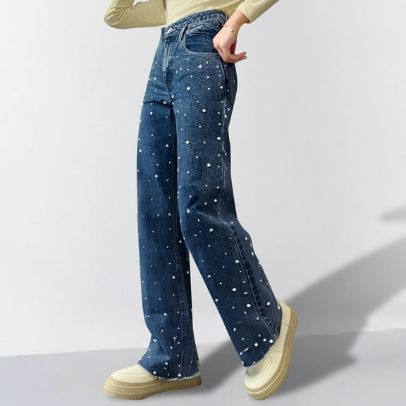 Womens Plus Size Pants High Waist Beaded Straight Leg Jeans with Washed Finish Loose Casual Trousers for Women Blue L
