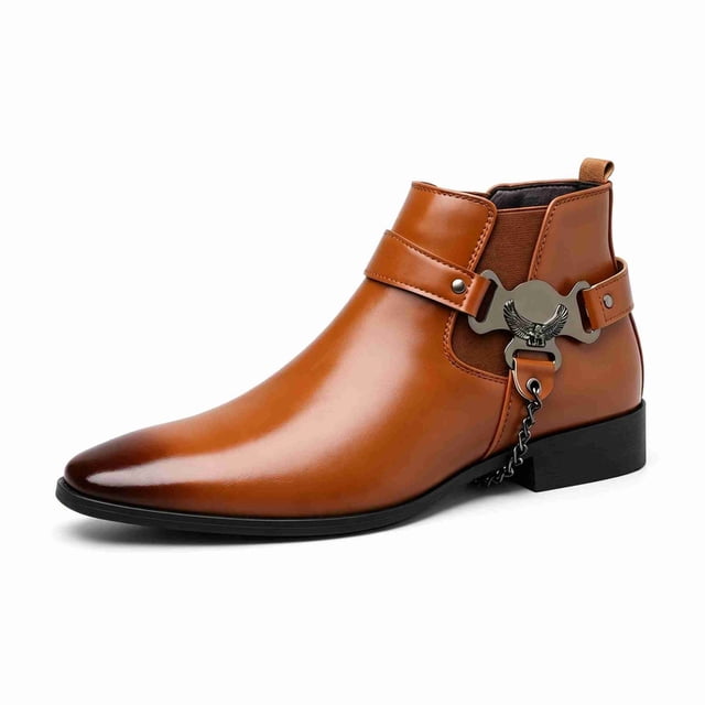 Men's Eagle Metal Buckle Chelsea Boots, Pointed Toe PU Leather Side-Zip Ankle Boots, Punk Rock Style Chain-Decorated Boots for Daily, Party, Performance Wear