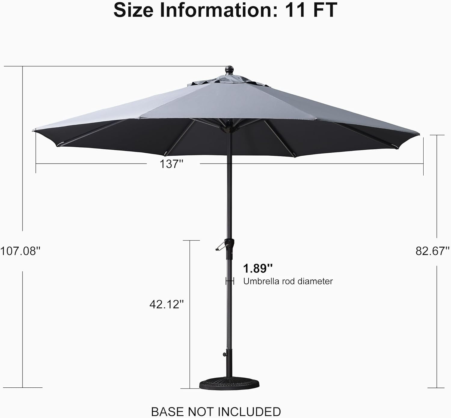 PURPLE LEAF 11' Round Patio Market Umbrella Outdoor Table Sun Umbrellas with Crank 8 Aluminum Sturdy Ribs for Pool Deck Backyard Beach Grey