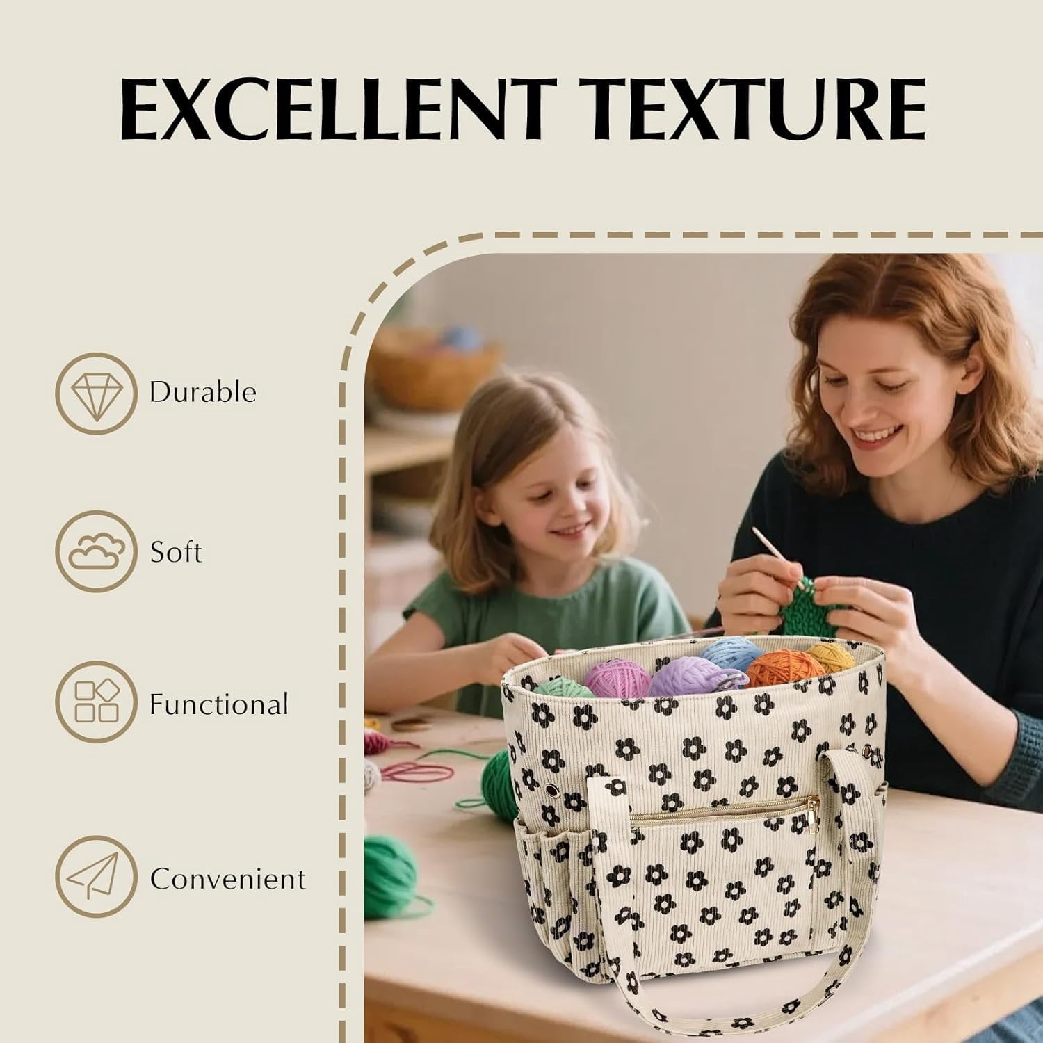 Crochet Bag, Corduroy Tote Bags with  Holders Grommets, Large Capacity Four Compartment Yarn Storage for Women