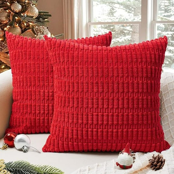 Wanhoo Christmas Throw Pillow Covers 22x22 Inch, Set of 2, Corduroy Soft Striped Farmhouse Boho Pillow Cover, Modern Decorative Cushion Pillow Case for Couch Sofa Bedroom Living Room(Red)