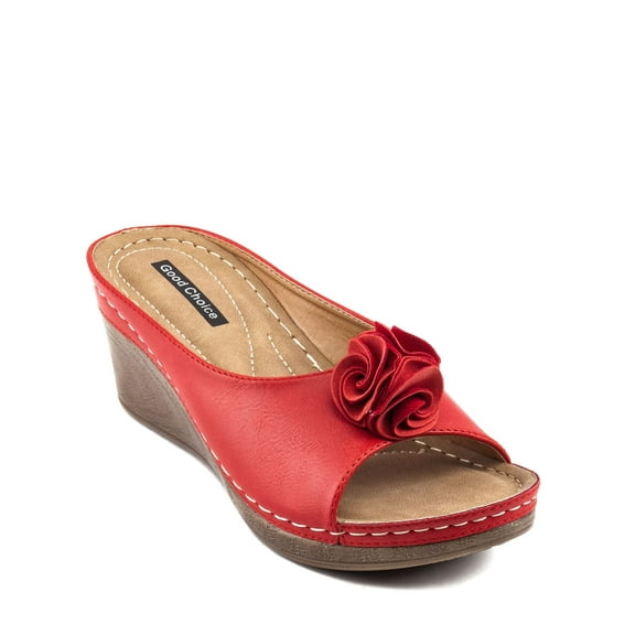 GOOD CHOICE Womens Red 1" Platform Flower Detail Cushioned Sydney Round Toe Wedge Slip On Slide Sandals 9 M