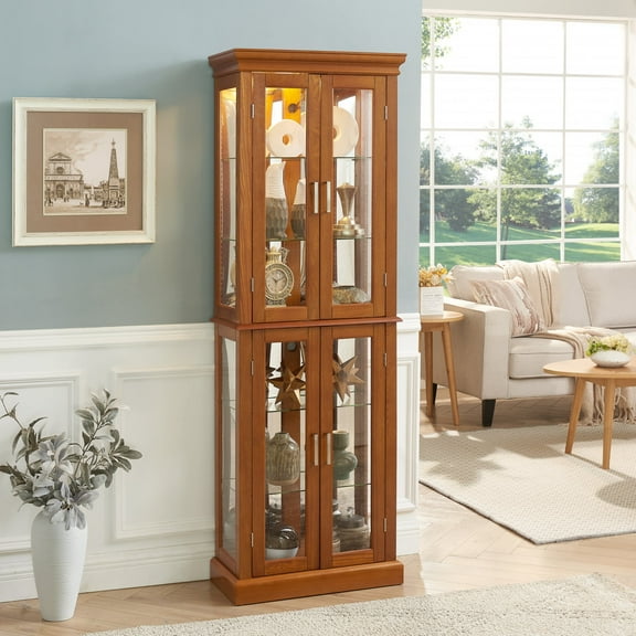 Newboti Furniture Curio Cabinet Lighted Curio Diapaly Cabinet with Adjustable Shelves and Mirrored Back Panel, Tempered Glass Doors (OAK, 6 Tier), (E26 light bulb not included) 96546