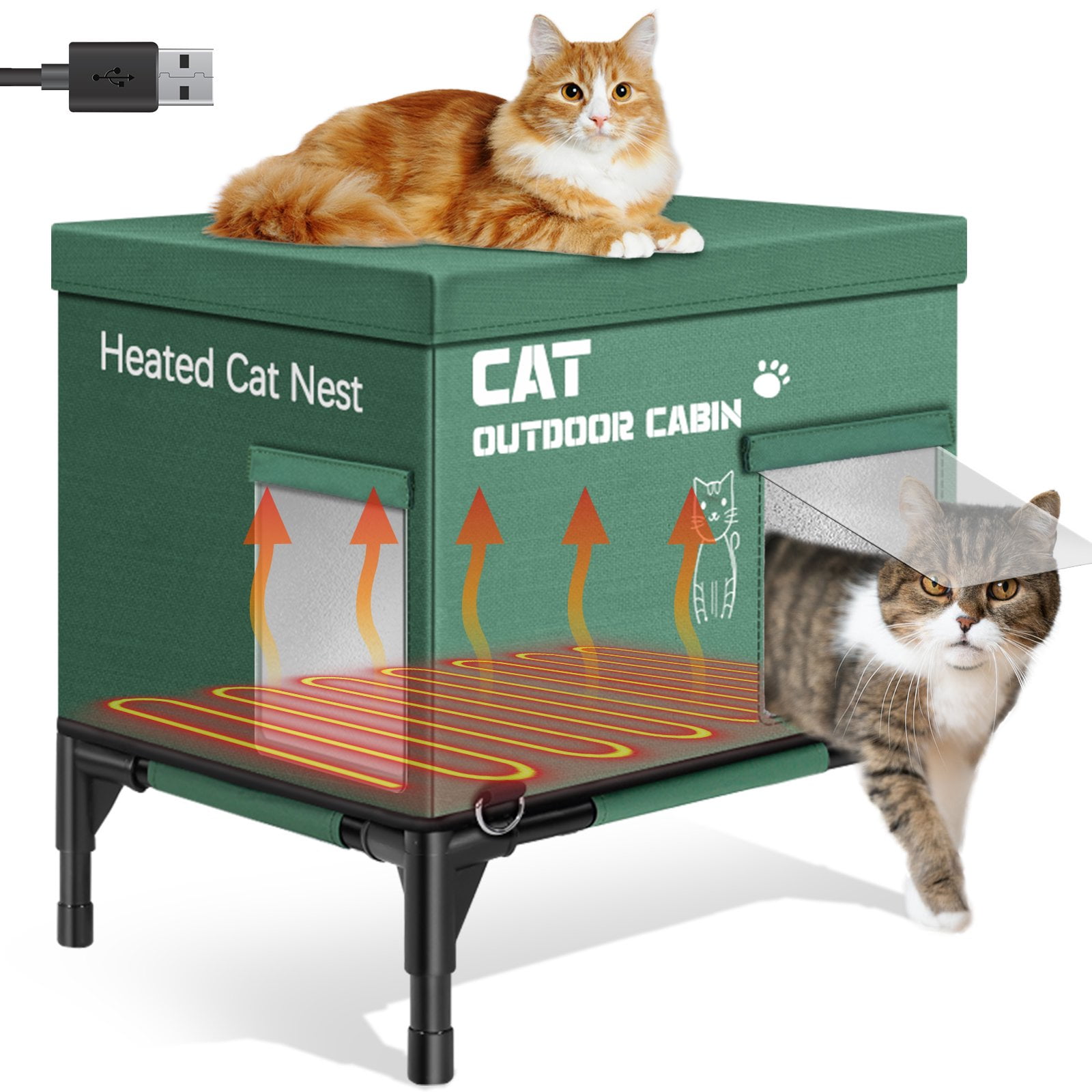 Warm Heated Cat House for Outside Feral Barn Cats in Winter, Outdoor Cat House Weatherproof with Heating Pad, Insulated Shelter for Outside Stray Barn Cat Kitty w/ 2 Safe Escape Doors, 21"Lx16"Wx19"H