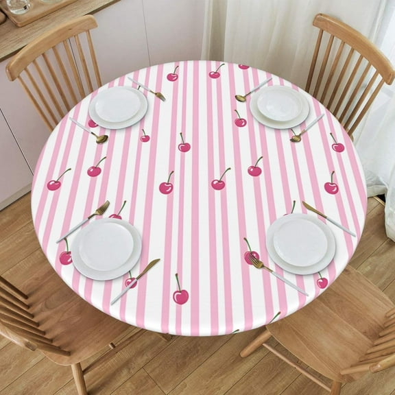 Round Tablecloth, Cherry Pink and White Striped Round Fitted Tablecloth with Elastic Waterproof Protection for 40-44" Round Table Cover for Indoor Dinner, Picnic