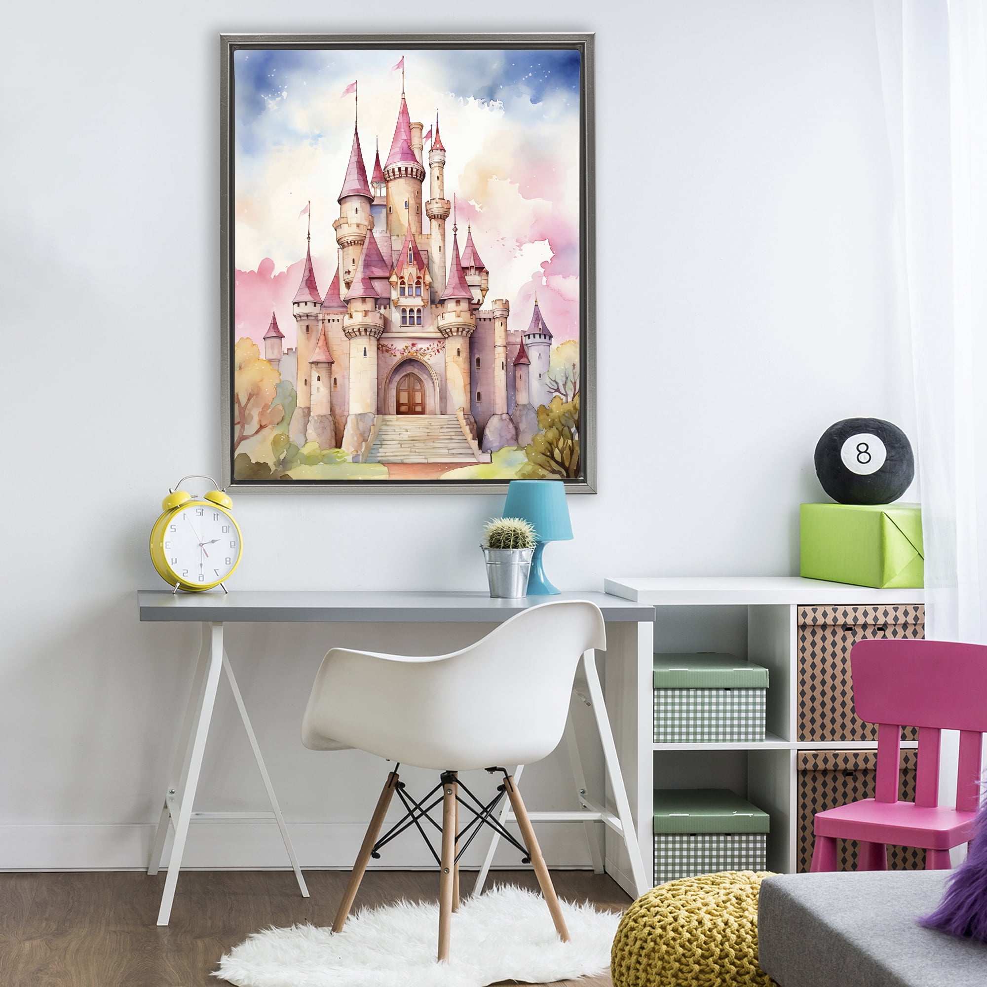 Stupell Industries Princess Castle Watercolor Portrait Gray Framed Floater Canvas Wall Art, design by Creative Studio