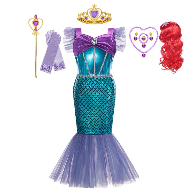 Vestidos de princesa Disney Sirenita Ariel para niñas, fiesta de cumpleaños, carnaval, niños, disfraces de sirena, ropa de graduación 4T (etiqueta 120) Gao Jinjia LED