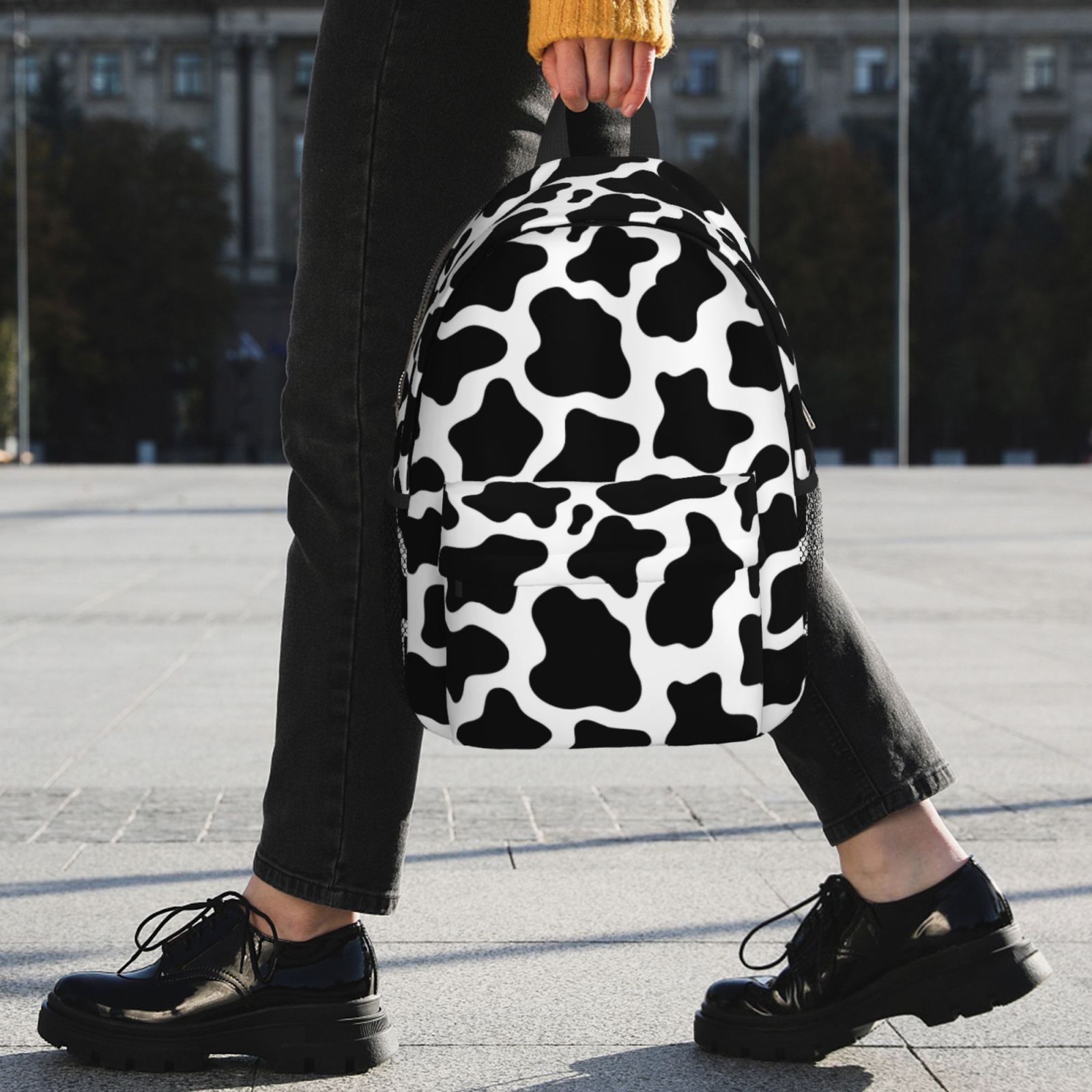 Rateoe Cow Print Black White Pattern Student Backpack Water-resistant Backpack 15-inch Laptop Backpack Lightweight Adjustable School Backpack