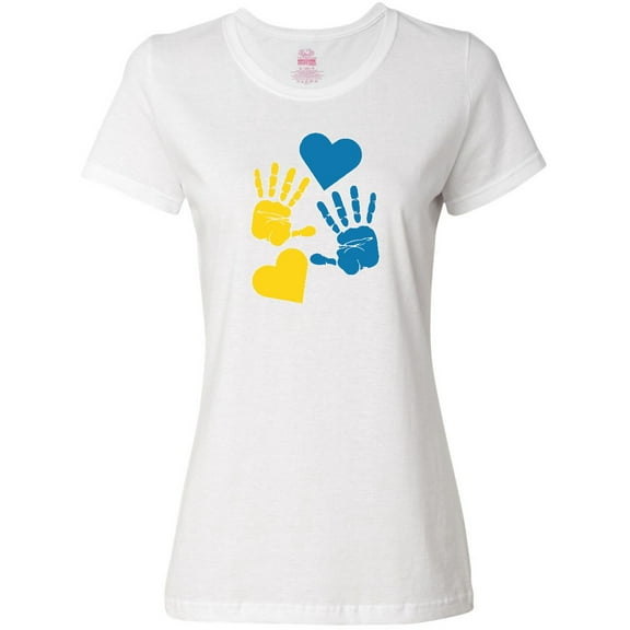 Inktastic Down Syndrome Awareness with Handprints and Hearts Blue and Yellow Women's T-Shirt