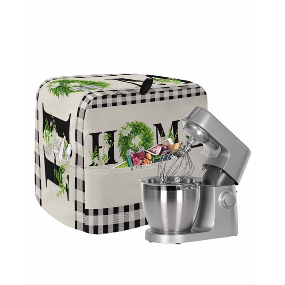 Rustic Home Stand Mixer Dust Cover with Storage Pocket & Handles,Eucalyptus Leaves Floral Beige Buffalo Plaid Fits All Tilt Head & Bowl Lift Kitchen Appliance Cover Organizer Accessories,4.5-5 Quart