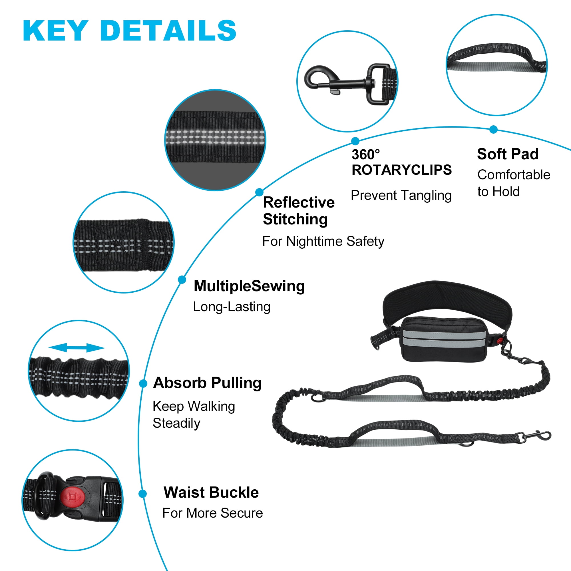 Unique Bargains Hands Free Dog Leash Retractable Bungee with Double Padded Handles Waist Leash for Dog Walkings Running Leash with Pouch for Dog Black Silver Gray