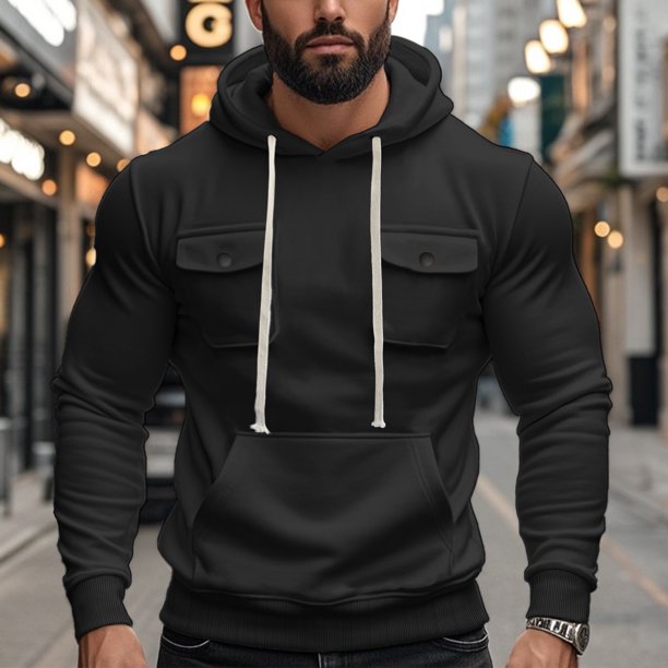 pstuiky camisetas de manga larga para hombre, Blusa de moda para hombre, de color liso, con capucha, manga larga, cordón ajustable y botones en los bolsillos. salir tops m