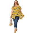 thumbnail image 3 of Women's Plus Size Blouses Flare Sleeve Round Neck Asymmetric Floral Tops Yellow 4X, 3 of 6